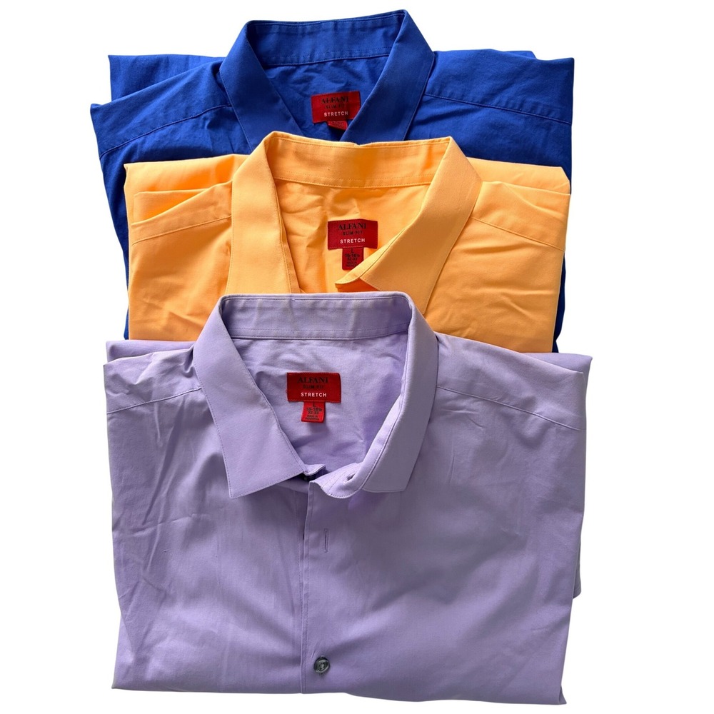 Alfani Men's Dress Shirts Large Slim Fit Stretch Blue Yellow Purple Bundle of 3